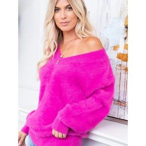 Sweet Lovely by Jen Hot Pink Cozy Camilla Fuzzy V Neck Tunic Sweater